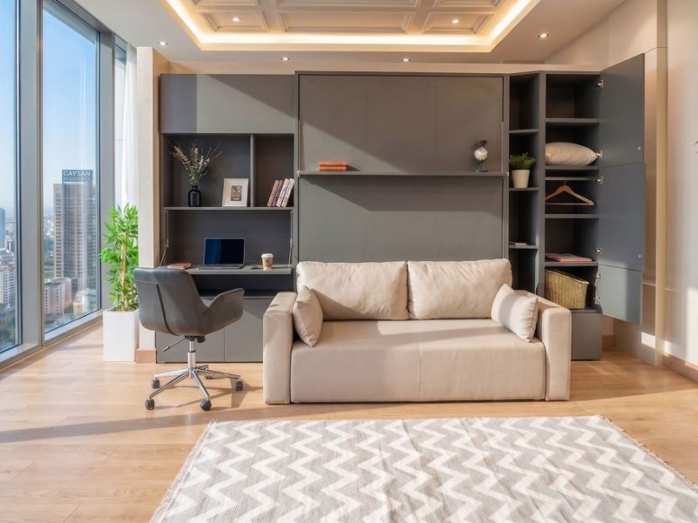 Miami-style design showcasing the Royal Queen Electric Wall Bed with furniture set.