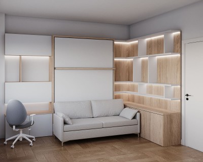 ROYAL Queen Wall Bed with Sectional Sofa, Wardrobe and Bookcases